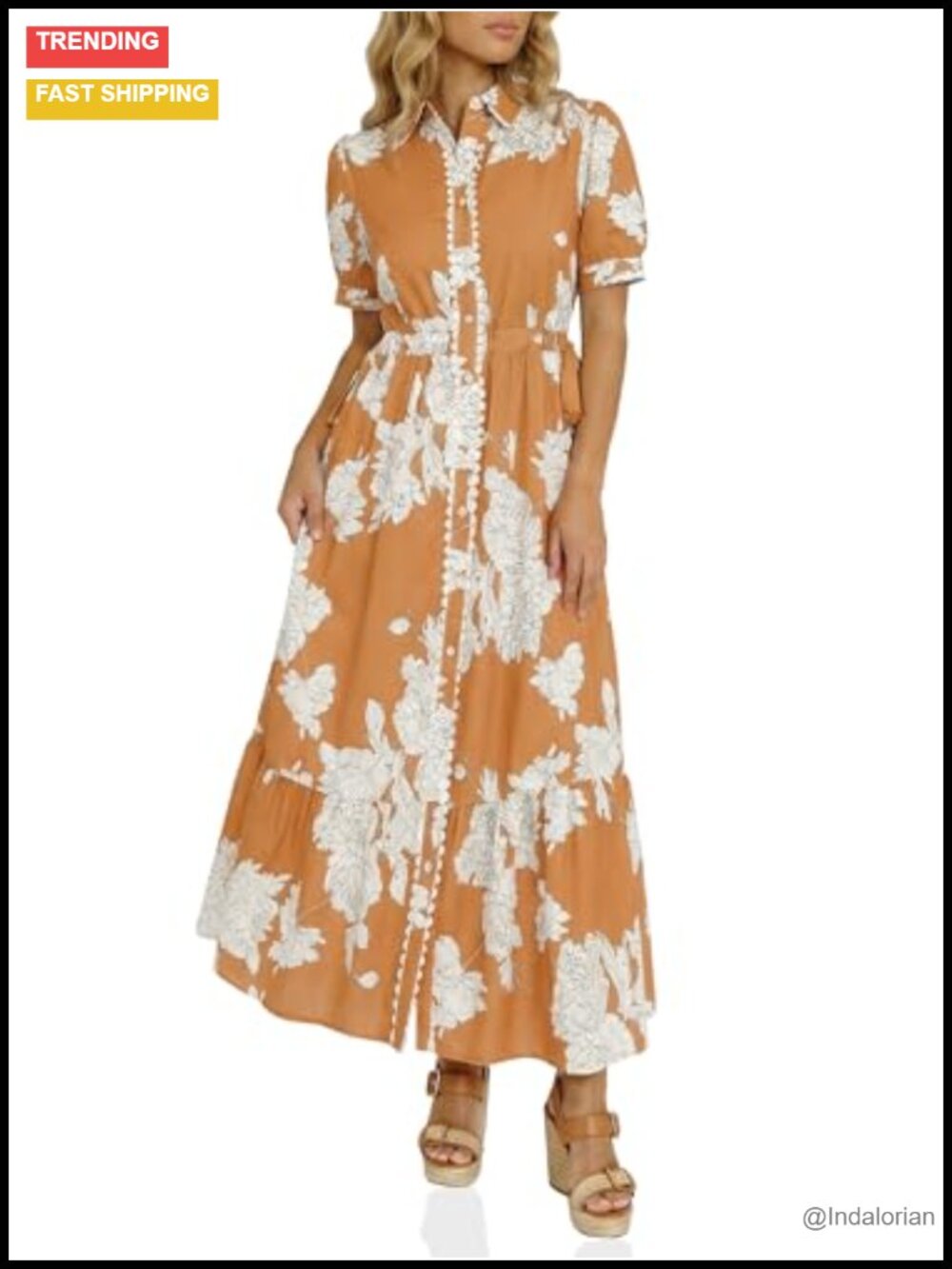 Womens Maxi Shirt Dress Floral Short Sleeve Button Front Drawstring Waist